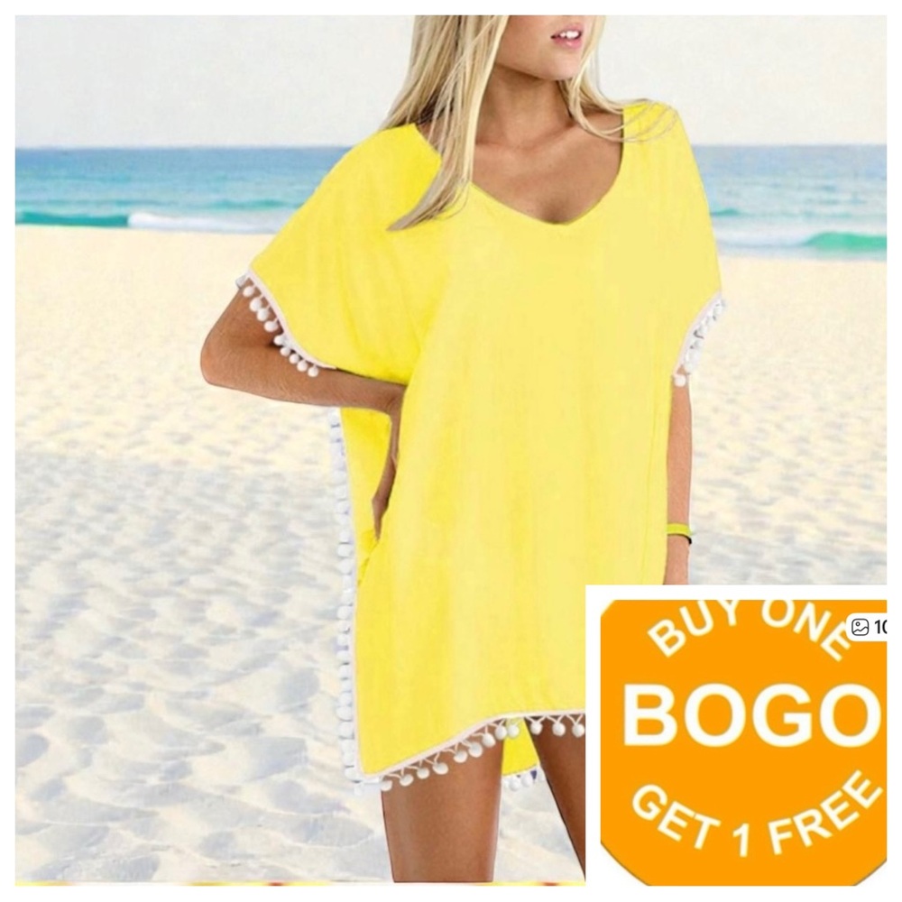 Adreamly | Pom Pom Trim Kaftan Chiffon Swimwear Beach Cover Up